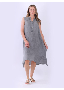 Plain Linen Front Lace Placket Ladies Lagenlook Sleeveless Dress