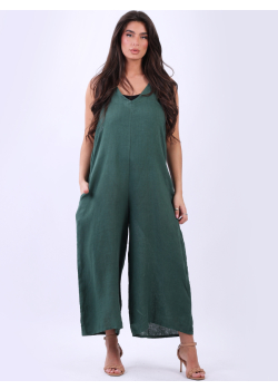 Plain Linen Wide Leg Lagenlook Sleeveless Dungaree