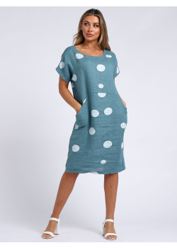 Polka Dot Front Pocket Linen Lagenlook Dress