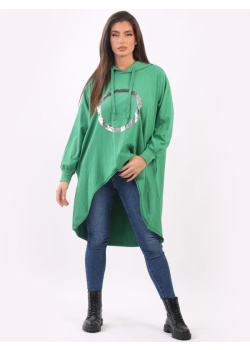 Oversized Sequin Circle Detail Cotton Lagenlook Hoodie Dress