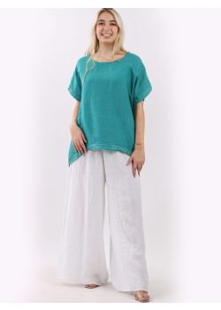 Italian Sequin Hem High Low Lagenlook Linen Top