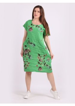 Floral Side Ribbed Front Pocket Linen Lagenlook Dress