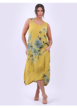 Sleeveless Floral Print Linen Lagenlook Tank Dress