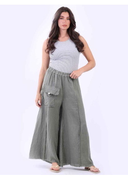 Raw Edge Plain Linen Wide Leg Palazzo Pant