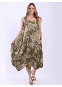 Square Neck Floral Print Sleeveless Linen Dress