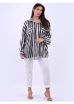 Ladies Button Down Cotton Lagenlook Stripy Shirt