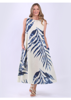 Ladies Linen A-Line Palm Print Summer Dress