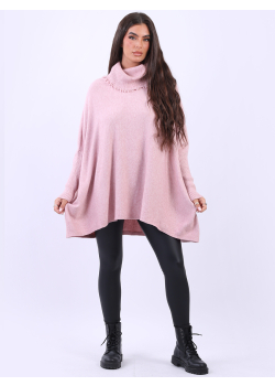 Solid Cowl Neck Batwing Knitted Poncho