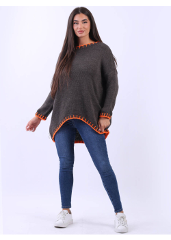 Ladies Lagenlook Blanket Stitch Knitted Wool Jumper