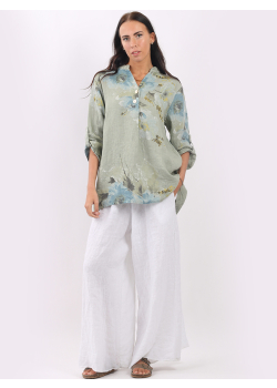 Floral Print Front Button Linen Lagenlook Ladies Top