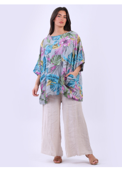 Multi Tropical Print Front Pockets Batwing Top