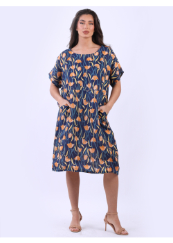 Digital Tulip Print Linen Lagenlook Ladies Shift Dress