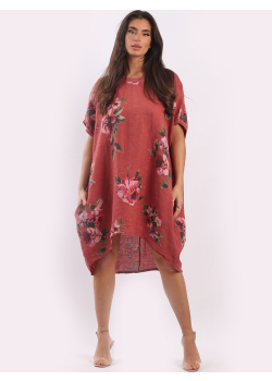 Italian Floral Print Ladies Lagnelook Linen Dress