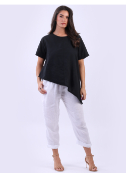 Front Pocket Women Asymmetric Solid Linen Tunic