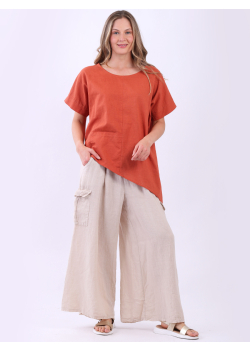 Front Pocket Women Asymmetric Solid Linen Tunic