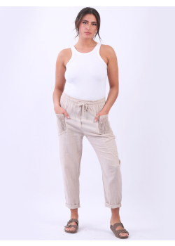 Ladies Linen Mesh Net Pockets Slouch Trouser