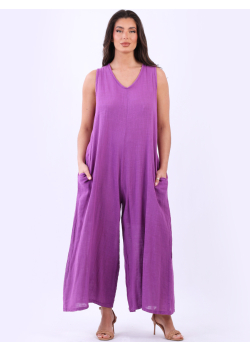 Solid V-Neck Cotton Tank Jumpsuit