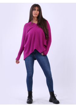 Plain Dipped Hem Knitted Lagenlook Batwing Top