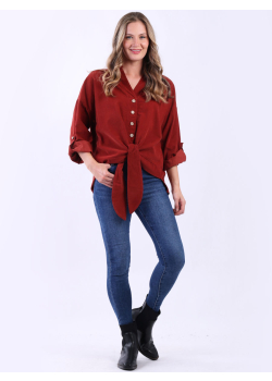 Plain Front Button Cotton Corduroy Lagenlook Shirt Top