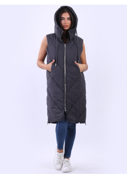 Long Sleeveless Oversized Plain Hooded Puffer Gilet