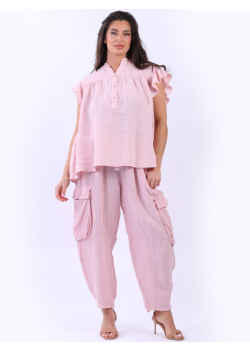 Ruched Waist Linen Lagenlook Solid Blouse