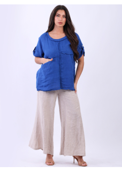 Women Lagenlook Linen Solid Front Pockets Top