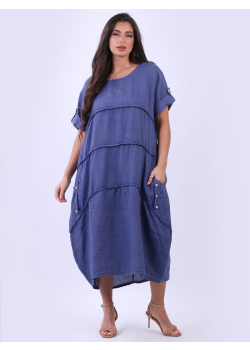 Plain Linen Lagenlook Front Pleated Slouchy Dress 