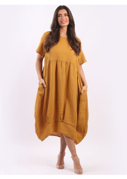 Plain Mid Length Quirky Linen Lagenlook Dress