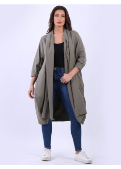 Ladies Plain Plus Size Shawl Collar Cotton Lagenlook Cardigan