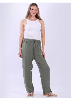 Women Casual Plain Linen Slant Pants