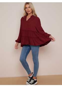 Women Ruffle Hem Tiered Peplum Tunic Top