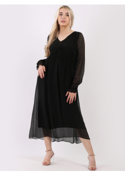 Two Layered Smocky Waist Peasant Maxi Silk Dress