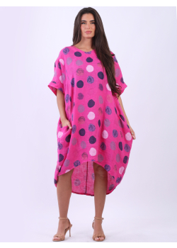 Plus Size Polka Dots Linen Lagenlook Midi Cocoon Dress