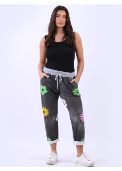 Multicolor Flower Painted Cotton Joggers