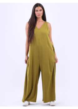 Plus Size V-Neck Sleeveless Cotton Lagenlook Jumpsuit