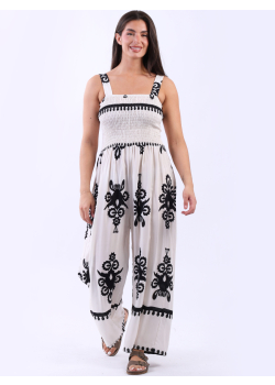 Tribal Print Wide Leg Shirred Strappy Jumpsuit