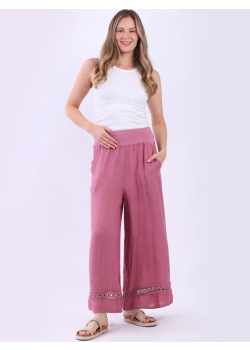 Crochet Net Hem Plain Linen Women Trouser