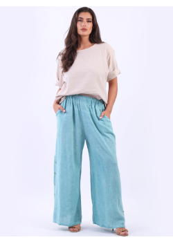 Ladies Wide Leg Buttoned Linen Trouser