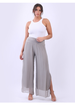 Ladies Silk Side Slit  Wide Leg Harem Trouser