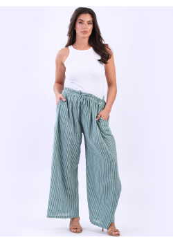 Women Wide Leg Stripy Cotton Pants