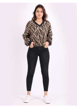 Ladies Knitted Pattern V-Neck Jacquard Pegged Pullover