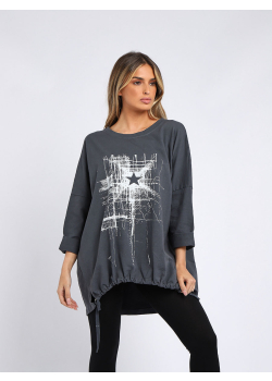 Abstract Star Print Drawstring Dipped Hem Cotton Top