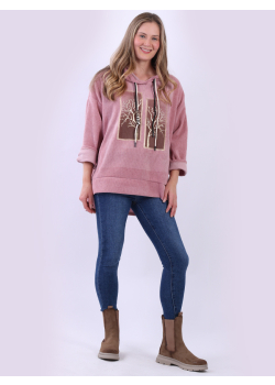 Women Dip Hem Glittered Tree Corduroy Hooded Jumper