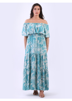 Oversized Tropical Print Bardot Tiered Maxi Dress