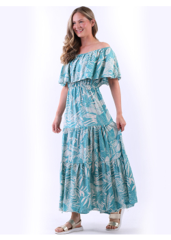 Oversized Tropical Print Bardot Tiered Maxi Dress