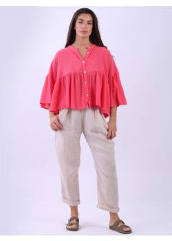 Solid Cotton Front Buttons Peplum Top