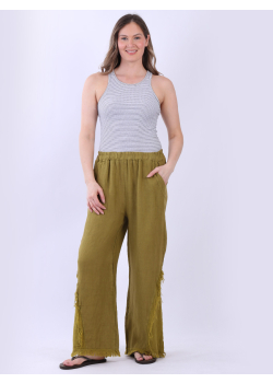 Mesh Net Patches Linen Slant Pants