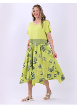 Circle Print Panel Cotton Lagenlook Asymmetric Hem Dress