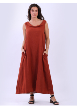 Plain Linen Plus Size Drape Cowl Neck Maxi Dress