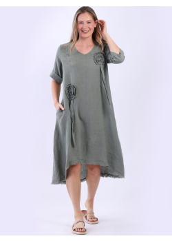 Flower Applique Plain Linen Oversized Dress